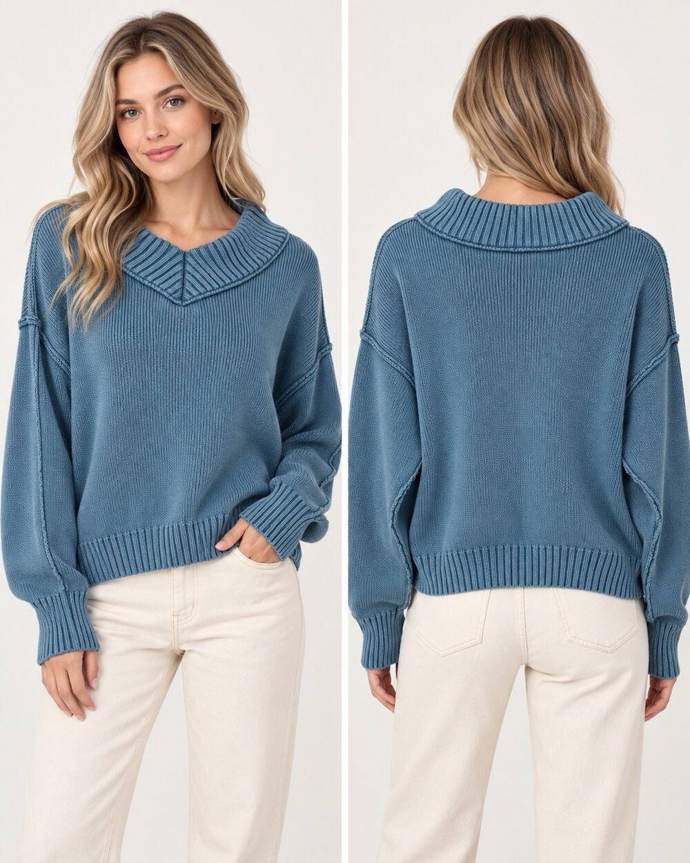 Free People XS Teal 100% Cotton Cropped Sweater Oversized V Neck Exposed Seam
